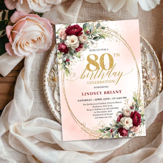 Burgundy Blush Boho Trädgård 80-års Födelsedagsinb Inbjudningar (Burgundy Blush Boho Garden 80th Birthday Invitation)