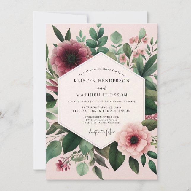 Burgundy Blush Flora Wedding Inbjudningar (Framsida)