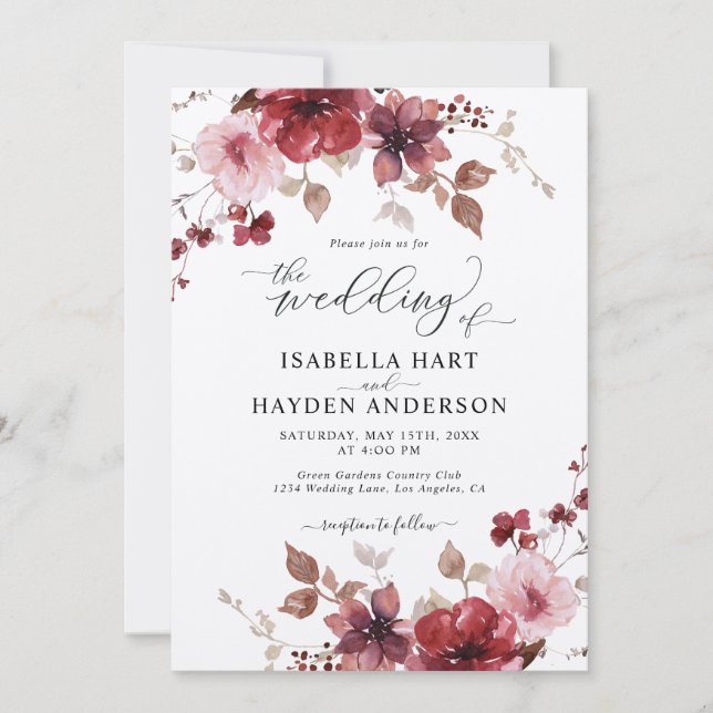 Burgundy Blush Floral All In 1 QR Code Wedding Inbjudningar (Framsida)