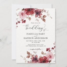 Burgundy Blush Floral All In 1 QR Code Wedding Inbjudningar