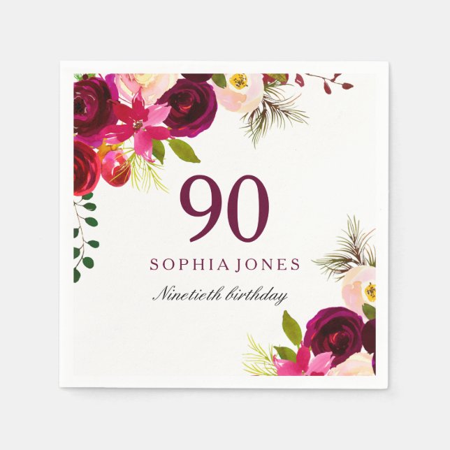 Burgundy Blush Floral Boho 90th Birthday Party Pappersservett (Framsidan)
