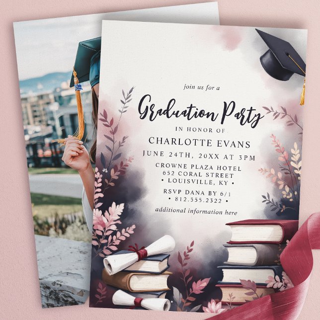 Burgundy Blush Floral Books Graduation Party Photo Inbjudningar (Skapare uppladdad)
