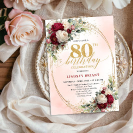 Burgundy Blush Floral Chic 80th Birthday Invite Inbjudningar