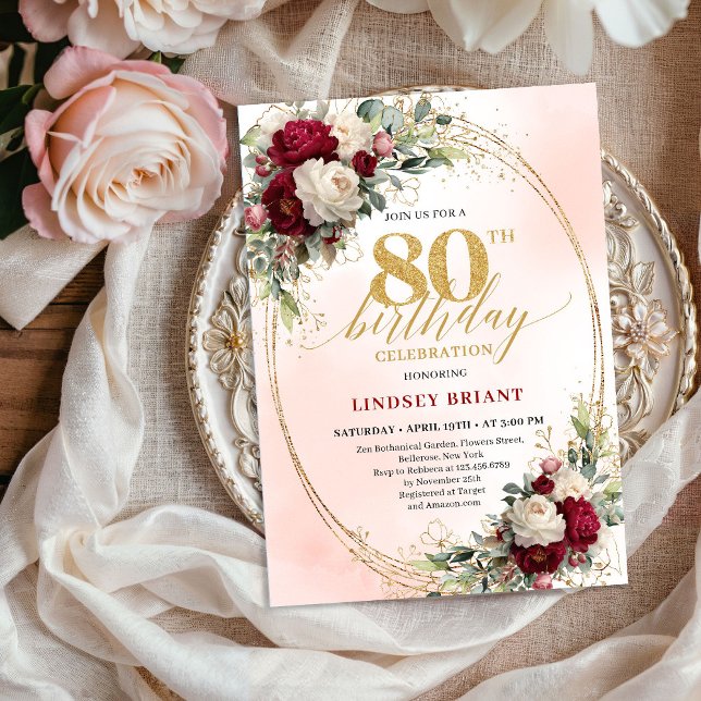 Burgundy Blush Floral Chic 80th Birthday Invite Inbjudningar (Burgundy Blush Floral Chic 80th Birthday Invitation)