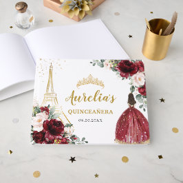 Burgundy Blush Floral Paris Eiffel Quinceanera XV Gästböcker