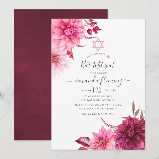 Burgundy & Blush Höst Fall Floral Bat Mitzvah Inbjudningar (Fram/baksida)