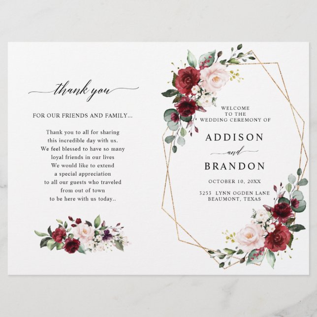 Burgundy Blush Modern Geometric Wedding Program (Framsida)