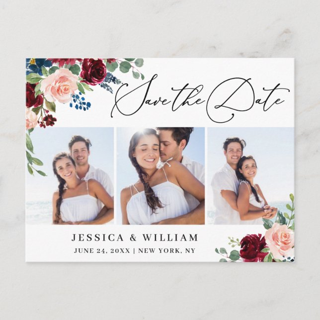 Burgundy Blush Navy 3 FOTO Bröllop Spara datum Vykort (Framsida)