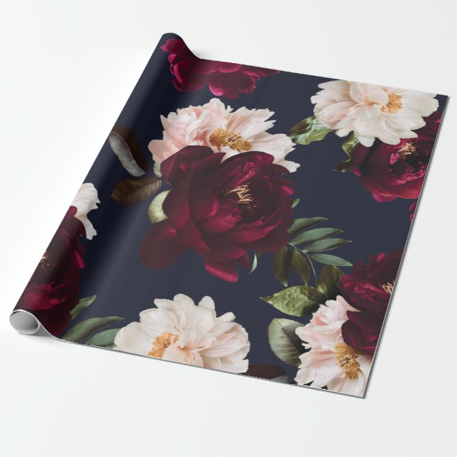 Burgundy Blush Navy Blue Floral Dark Moody Peonies Presentpapper (Utrullad)