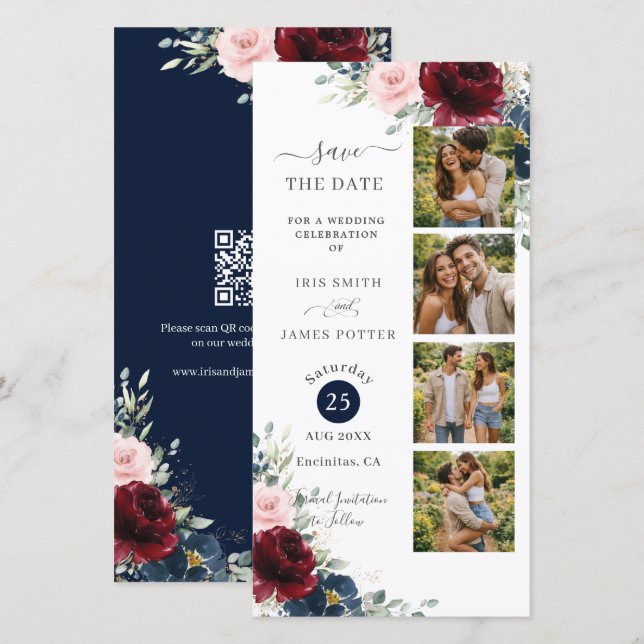 Burgundy Blush Navy Floral Photo Booth Wedding QR  Spara Datumet (Fram/baksida)