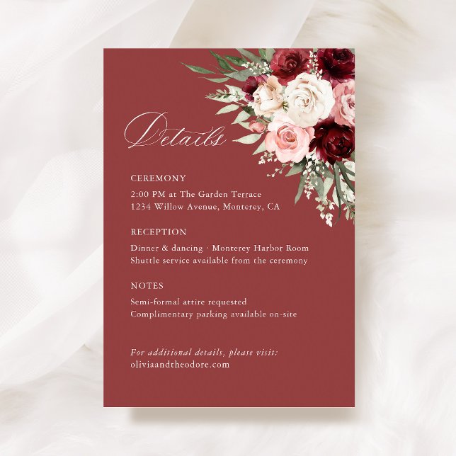 Burgundy Blush Pink Floral Wedding Details, Info Tilläggskort (Burgundy blush pink floral wedding information card rose elegant ceremony reception details)