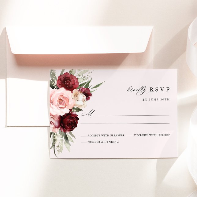 Burgundy Blush Pink Floral Wedding RSVP Card OSA Kort (Burgundy blush pink floral rsvp card elegant wedding stationery rose response card)