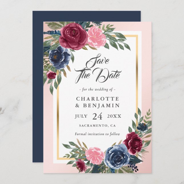 Burgundy Blush Pink Navy Blue Floral Wedding Spara Datumet (Fram/baksida)