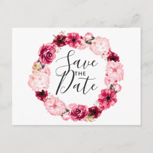 Burgundy & Blush Rosa Floral Krans Spara Datum Meddelande Vykort