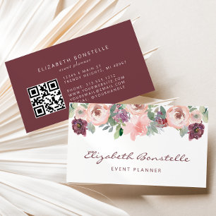 Burgundy Blush Rosa Vattenfärg Blommig QR-kod Visitkort