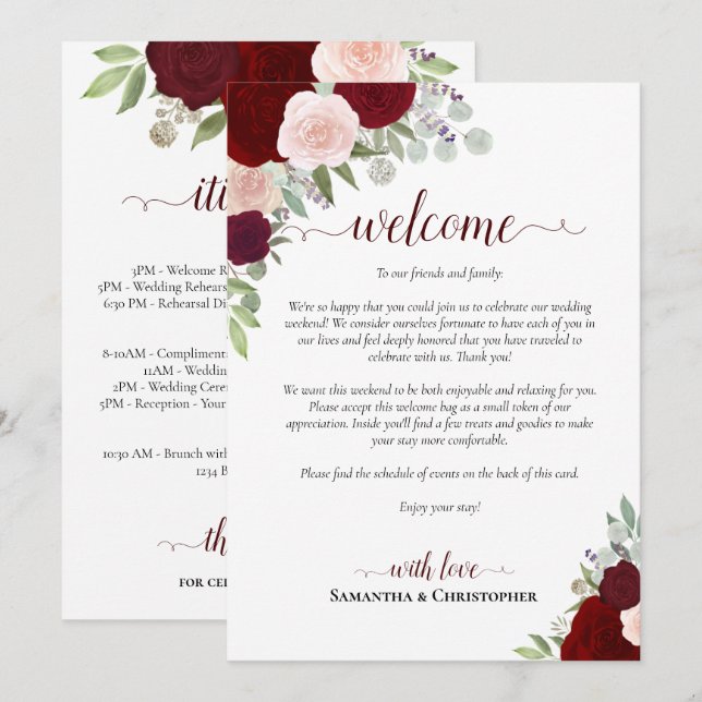 Burgundy Blush Roses Wedding Welcome & Itinerary Program (Fram/baksida)
