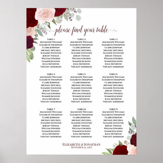 Burgundy Blush Rosor 9 Bord Bröllops Sittplatskart Poster (Framsidan)