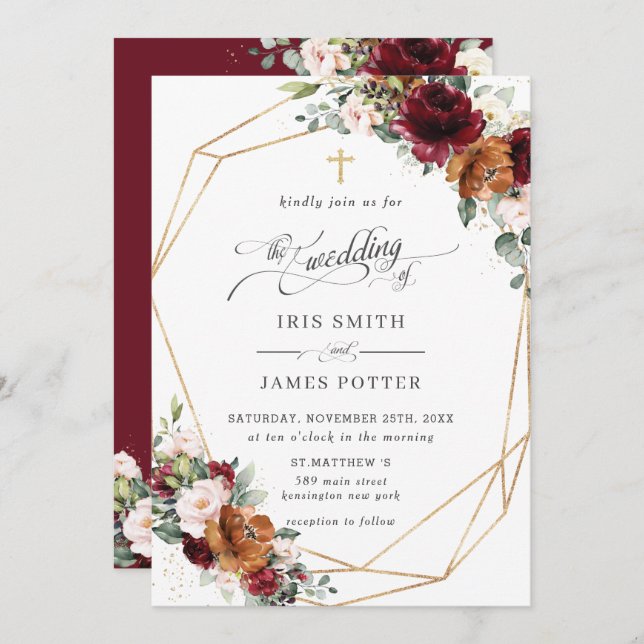 Burgundy Blush Rust Orange Floral Church Wedding   Inbjudningar (Fram/baksida)