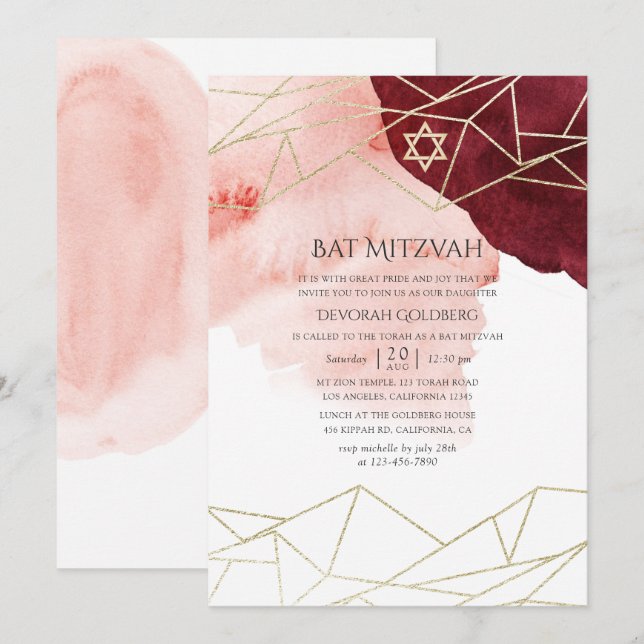 Burgundy Blush Vattenfärg Geometrisk Bat Mitzvah Inbjudningar (Fram/baksida)