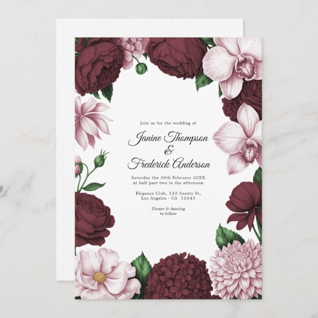 Burgundy & Blush Watercolor Floral Wedding Inbjudningar (Fram/baksida)