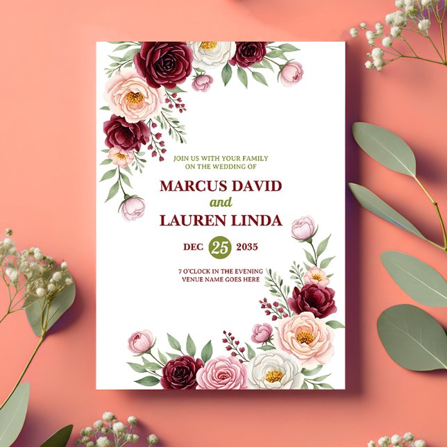 Burgundy Blush Wildflower Wedding Invitation Card Inbjudningar (Skapare uppladdad)