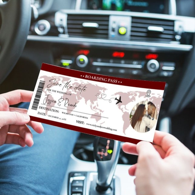 Burgundy Boarding pass Biljett Bröllop Spara Datumet (Skapare uppladdad)