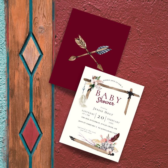 Burgundy Boho BabyShower Inbjudningar (Southwestern themed baby shower is sure to be a hoot.)