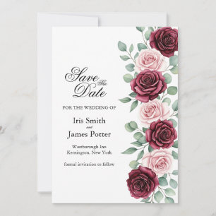 Burgundy Boho blommig och Blush Rosa Ros Spara dat Datumet