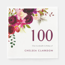 Burgundy Boho Blommigt 100:e födelsedagsfirandet Pappersservett