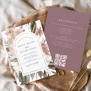 Burgundy Boho Blommigt All in One QR Code Bröllop Inbjudningar