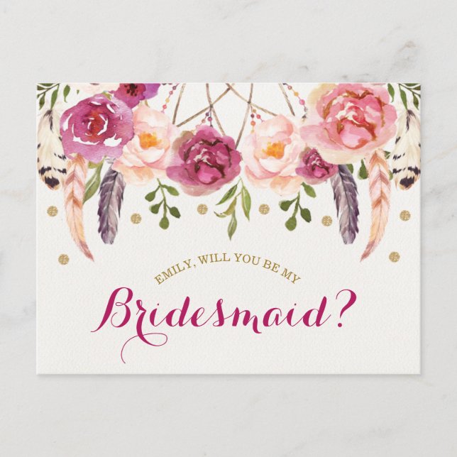 Burgundy  Boho-Blommigt är mitt Bridesmaid-kort Vykort (Framsida)