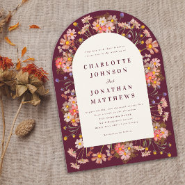 Burgundy Boho Blommigt Arch Fall bröllopsinbjudan Inbjudningar