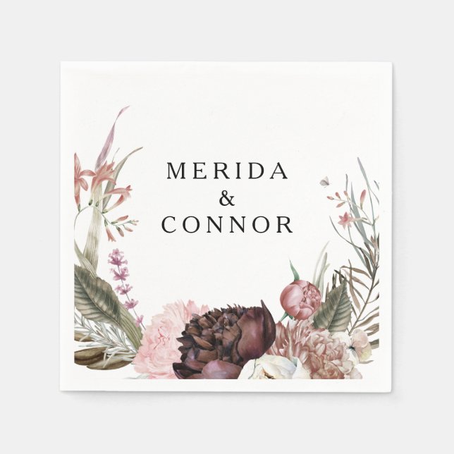 Burgundy Boho Blommigt Bröllop Napkins Pappersservett (Framsidan)