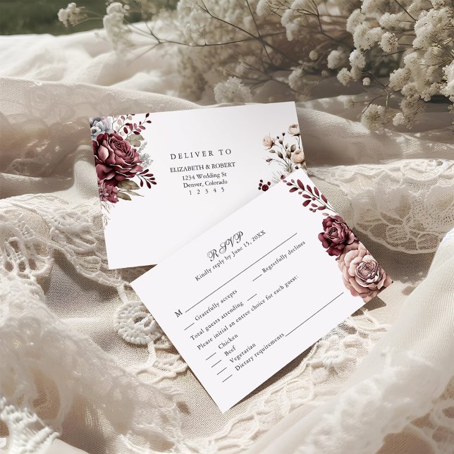 Burgundy Boho Blommigt Bröllop OSA Card Kort (Burgundy Boho Floral Wedding RSVP Card surrounded with wedding decoration and white flowers)