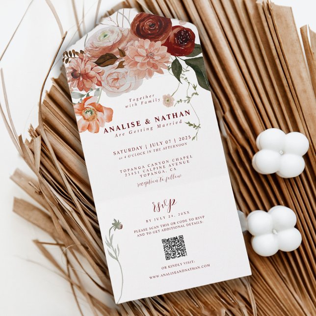 Burgundy Boho Blommigt Bröllop QR-kod (Skapare uppladdad)