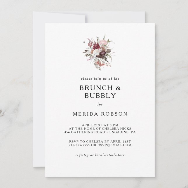 Burgundy Boho Blommigt Brunch och Bubly Shower Inv Inbjudningar (Framsida)