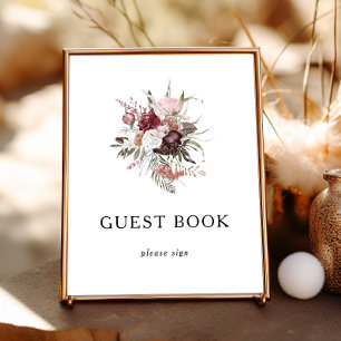 Burgundy Boho Blommigt Guest Bok Sign Poster