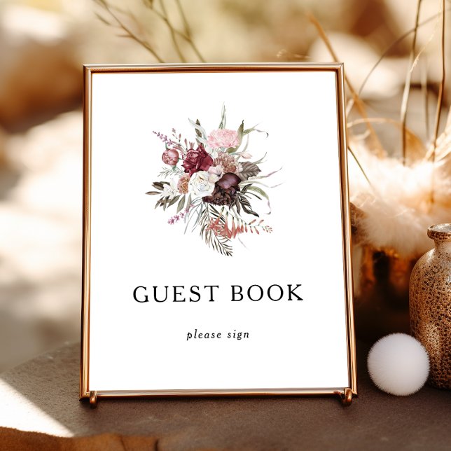 Burgundy Boho Blommigt Guest Bok Sign Poster (Skapare uppladdad)