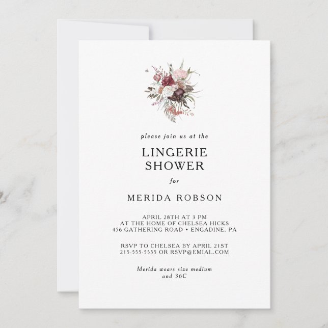 Burgundy Boho Blommigt Lingerie Shower-inbjudan Inbjudningar (Framsida)
