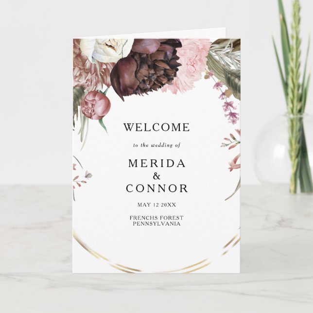 Burgundy Boho-Blommigt, mappat Bröllopsprogram Program (Framsida)