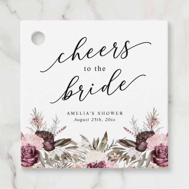 Burgundy Boho Blommigt Möhippa Gåvor Etiketter (Framsida)