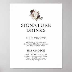 Burgundy Boho Blommigt Namnteckning Drinks Sign Poster