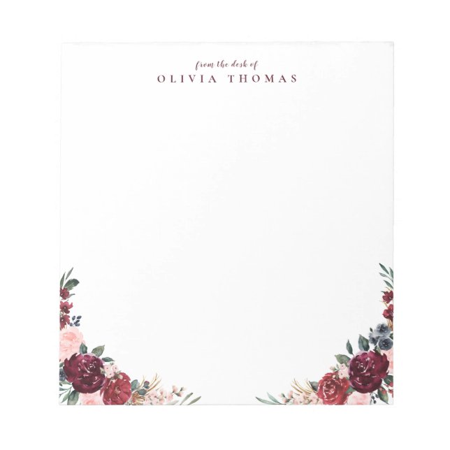 Burgundy boho blommigt personlig Stationär Anteckningsblock (Framsida)