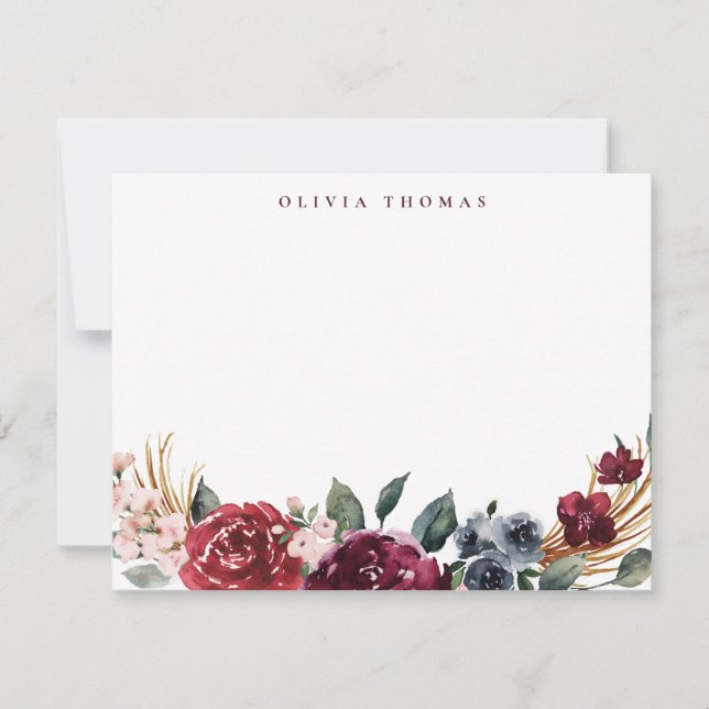 Burgundy boho blommigt personlig Stationery Anteckningskort (Framsida)