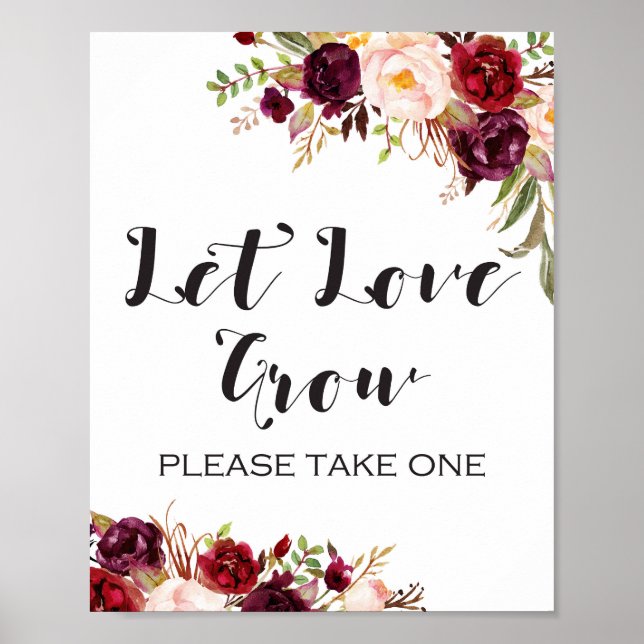 Burgundy Boho Blommigt Sign - Let Kärlek Grow Poster (Framsidan)