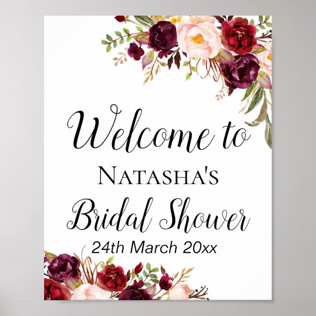 Burgundy Boho Blommigt Sign - Välkomsttecken Poster (Framsidan)