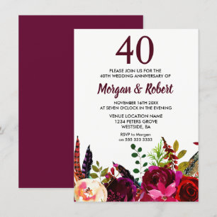 Burgundy Boho Blommor 40-års bröllopsjubileum Inbjudningar