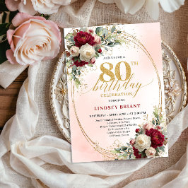Burgundy Boho Chic Floral 80th Birthday Party Inbjudningar