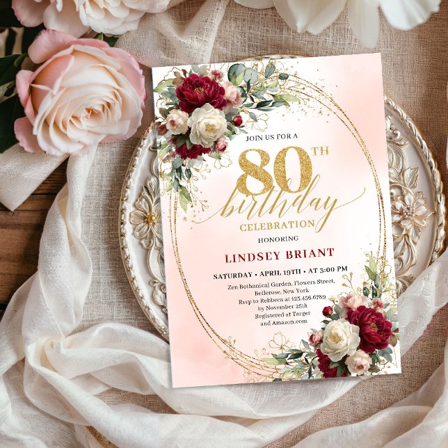 Burgundy Boho Chic Floral 80th Birthday Party  Inbjudningar (Burgundy Boho Chic Floral 80th Birthday Party Invite)