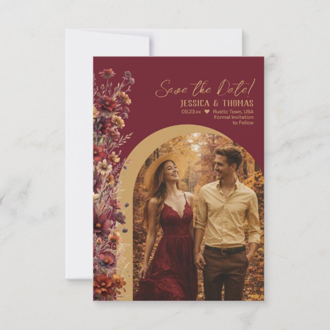Burgundy Boho Chic Vilda Blommor Båge Foto Bröllop Spara Datumet (Framsida)